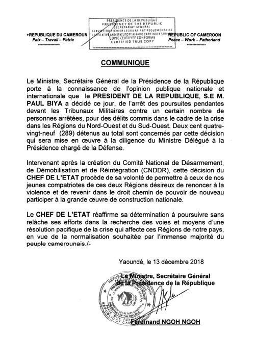 Le Président #PaulBiya a décidé ce jour, de l'arrêt des poursuites pendantes devant les Tribunaux Militaires contre 289 personnes arrêtées, pour des délits commis dans le cadre de la crise dans les Régions du Nord-Ouest et du Sud-Ouest.
#Cameroun