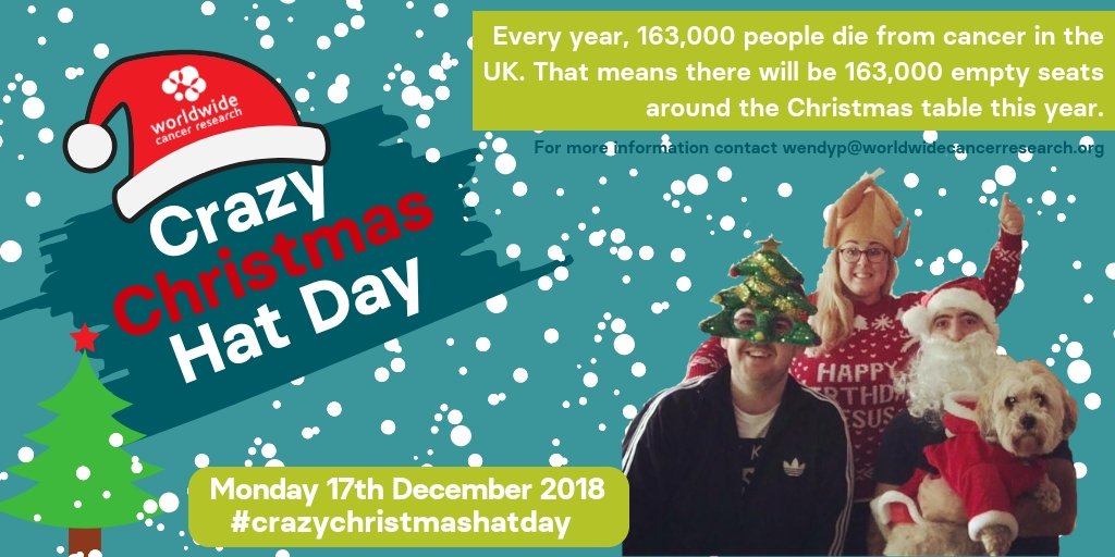 Wendy Pawsey (@wendypawsey1) on Twitter photo Crazy Christmas Hat Day coming soon...grab your hat and join us in the battle against cancer! <a href="/WorldwideCancer/">Worldwide Cancer Research</a> Crazy Christmas Hat Day coming soon...grab your hat and join us in the battle against cancer! <a href="/WorldwideCancer/">Worldwide Cancer Research</a>