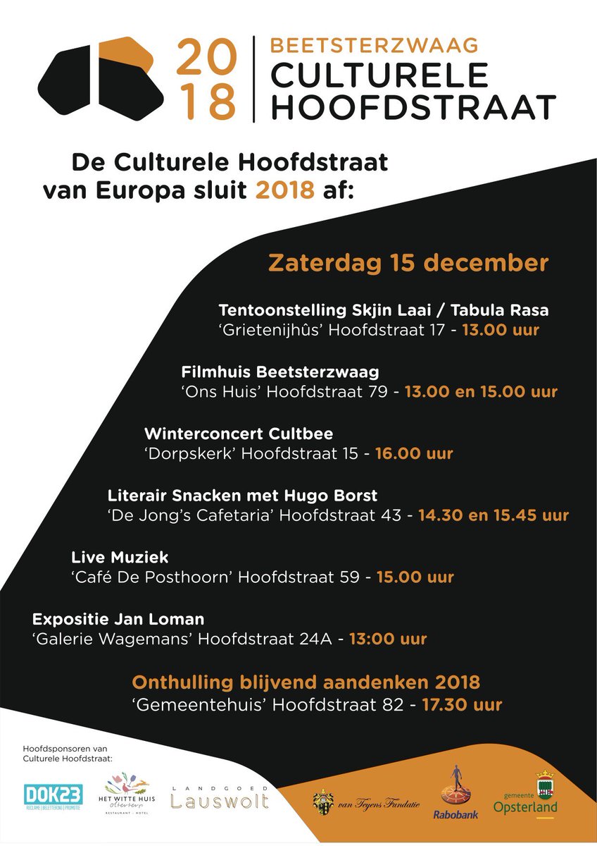Zaterdag 15 december sluiten we de Culturele Hoofdstraat met een bomvol programma: muziek, literatuur, film en beeldende kunst. Met o.a. Hugo Borst en Jack Bottleneck. Je bent welkom vanaf 13.00 uur!