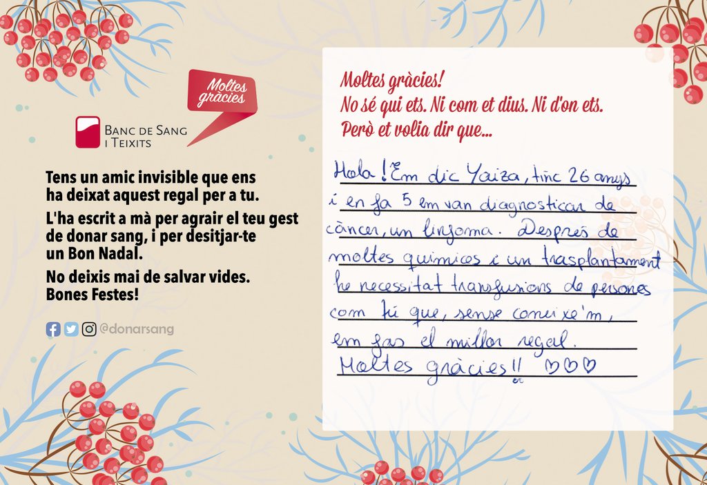 Amic invisible doble! Fins a finals de #Nadal🎄tu dones sang per regalar vida a qui la necessita. I les persones que han necessitat sang et regalen a tu una postal com la que veus aquí, escrita a mà, per agrair immensament el teu gest. Vens? ❤️ bit.ly/OnDonarSang