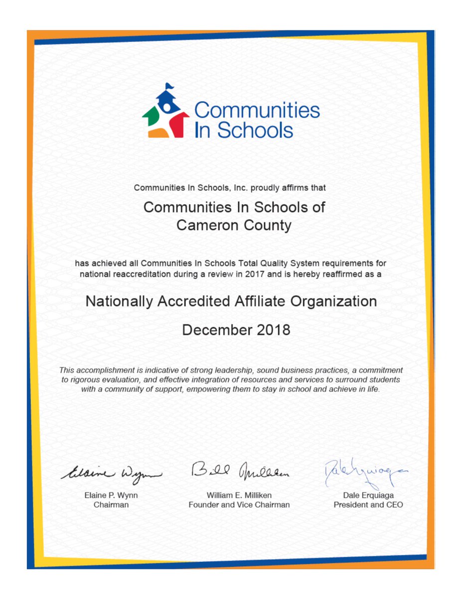 cameron_cis's tweet photo. Communities In Schools of Cameron County  has been reaffirmed as a Nationally Accredited Affiliate Organization.  #ciscc https://t.co/VX3dQ0FMc0