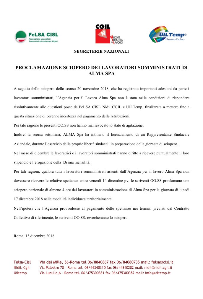 FelsaCisl's tweet photo. Pronti a un nuovo #sciopero per il #17dicembre se entro domani i #somministrati in #AlmaSpA non riceveranno correttamente le #retribuzioni! 
#Stop ritardi, è ora che l’azienda rispetti le regole e corrisponda quanto dovuto a chi ogni giorno svolge correttamente il proprio lavoro https://t.co/Rcmp8GhiZH