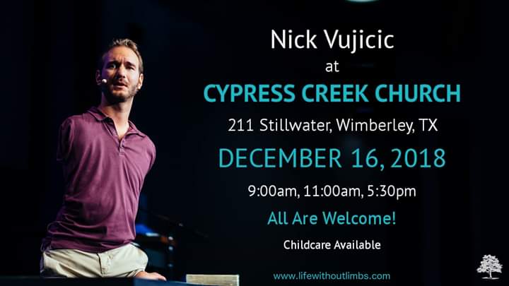 CypressCreekCCC's tweet photo. ⚠️ .@nickvujicic of @LWLhope will be here in Wimberley THIS SUNDAY! Don't miss the opportunity to hear Nick's incredible story in person. 🔥Be sure to bring a friend or several! #wimberleytx #lifewithoutlimbs https://t.co/sq8LepRSJX