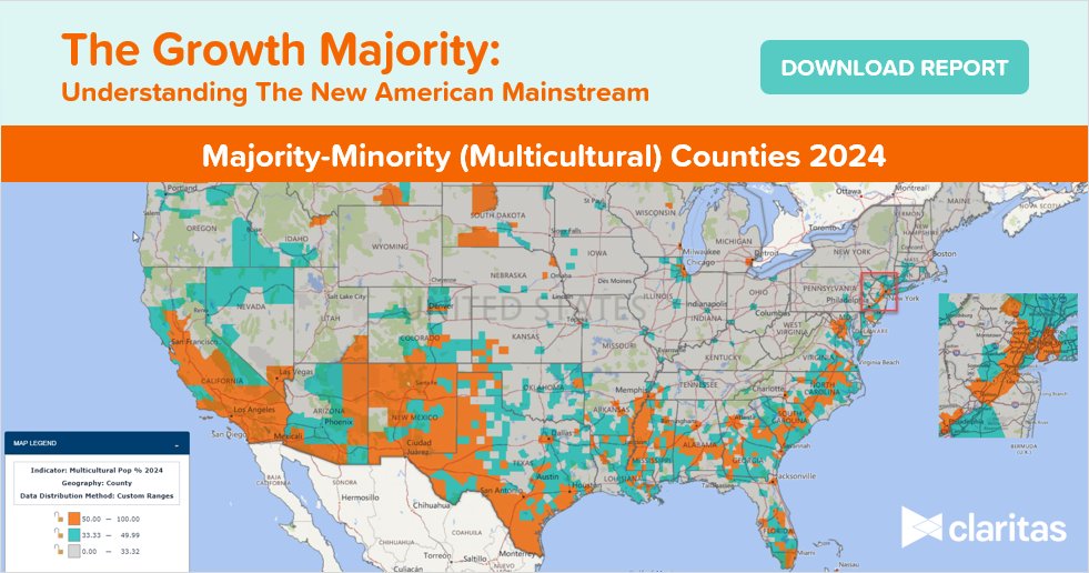 Geoscape's tweet image. “Minority” groups will represent the majority of the population in 420 U.S. counties in 2024, including most of the highly populated areas of the nation. Download our free report to understand these important growth &amp;amp; migration trends! www2.claritas.com/l/306121/2018-…