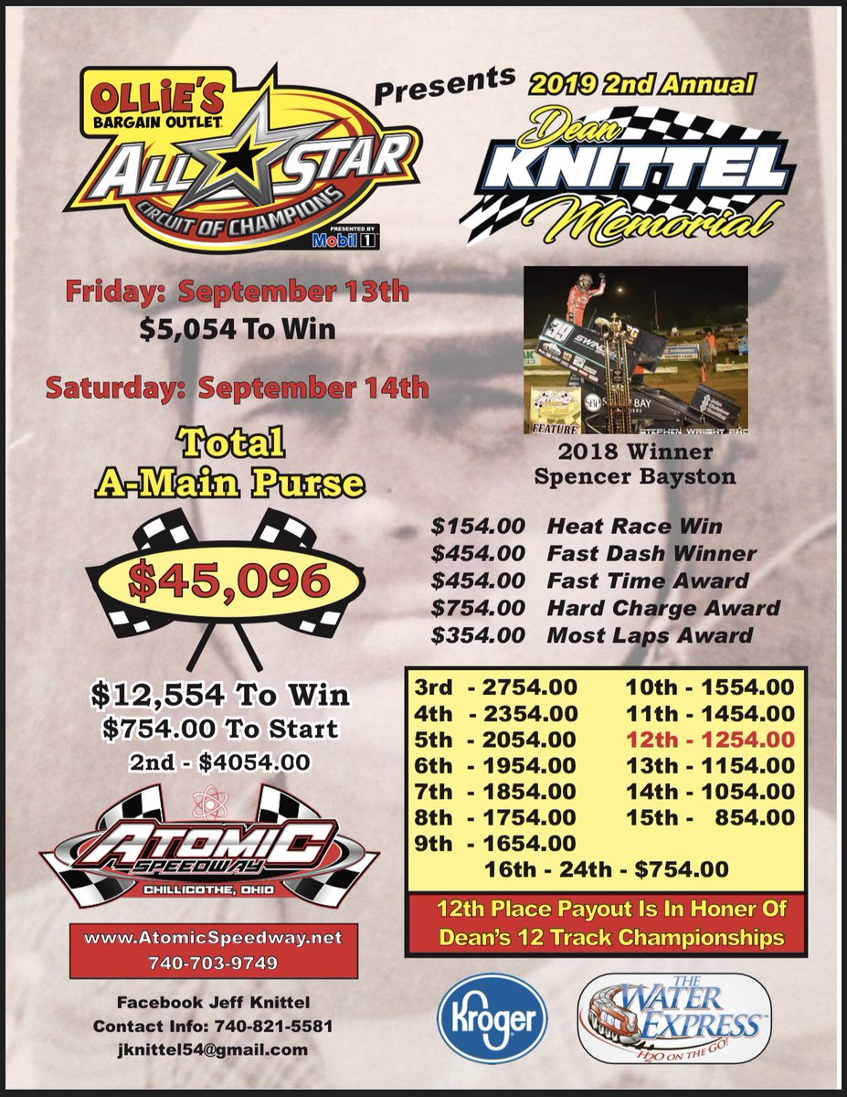 AtomicSpeedway's tweet image. September 13 &amp;amp; 14th the @ASCoC Dean Knittel Memorial...just take a look at the weekend and especially the Saturday night purse!!! #OhioHeating #KearsSpeedShop 
#SprintCars #FridayNight #SaturdayNight