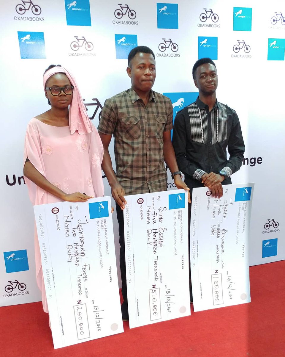 Okadabooks's tweet photo. Winners of the #CampusWritingChallenge:

1st: "All Your Colours" by Sima Essien

2nd: "Dark Clouds" by Jesutofunmi Fekoya

3rd: "Dry Lids and Devil Strings" by Joseph Akinkunmi

A huge thank you to the sponsor of the contest, @UNIONBANK_NG, for hosting the awards ceremony 👏 https://t.co/NeaVYB6Xni