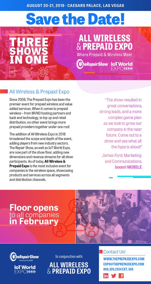 theprepaidexpo's tweet image. Save the Date!
All Wireless &amp;amp; Prepaid Expo
August 20-21, Caesars Palace, Las Vegas
theprepaidexpo.com