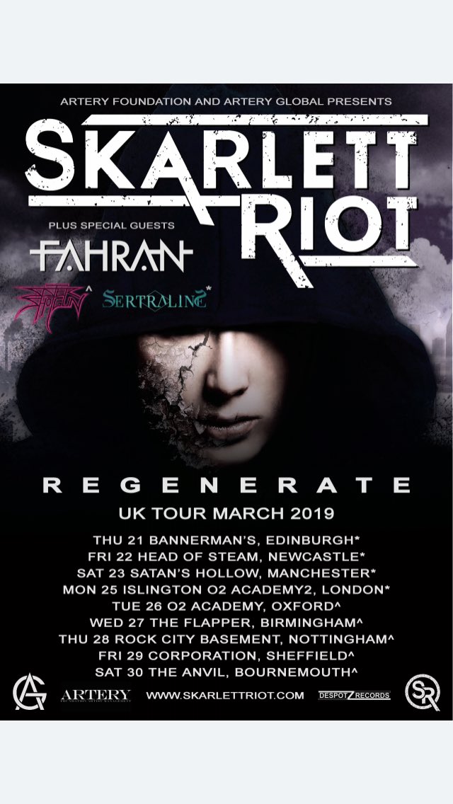 So excited to head out on tour with <a href="/SkarlettRiot/">Skarlett Riot</a> and Fahran in March! 🙌🏻