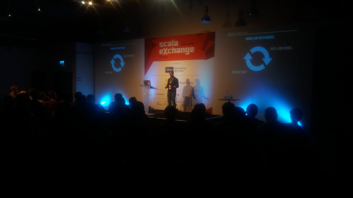 HannahAtSM's tweet image. #ScalaX lightning talks have begun! @pvillega takes us through bridging the gap between #frontend and #backend