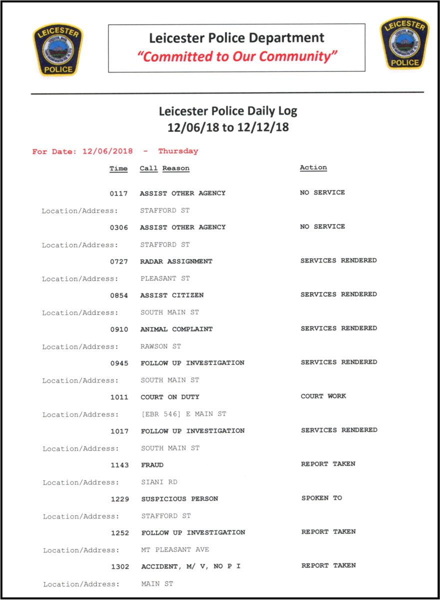 #LPDevent - Latest LPD Daily Log Has Been Posted - LPD daily log for the week of 12/06/18 to 12/12/18 has been posted on the LPD web page at: 
leicesterma.org/sites/leiceste… or it is available for review in the lobby of the police station.
