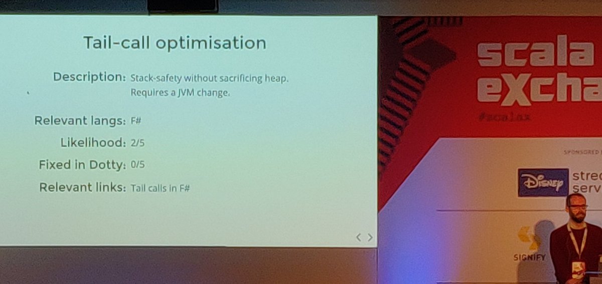 hmemcpy's tweet image. F# (and its tail calls) gets a shout out by @cbirchall in his &quot;Features from other languages Scala should steal&quot; lightning talk #ScalaX