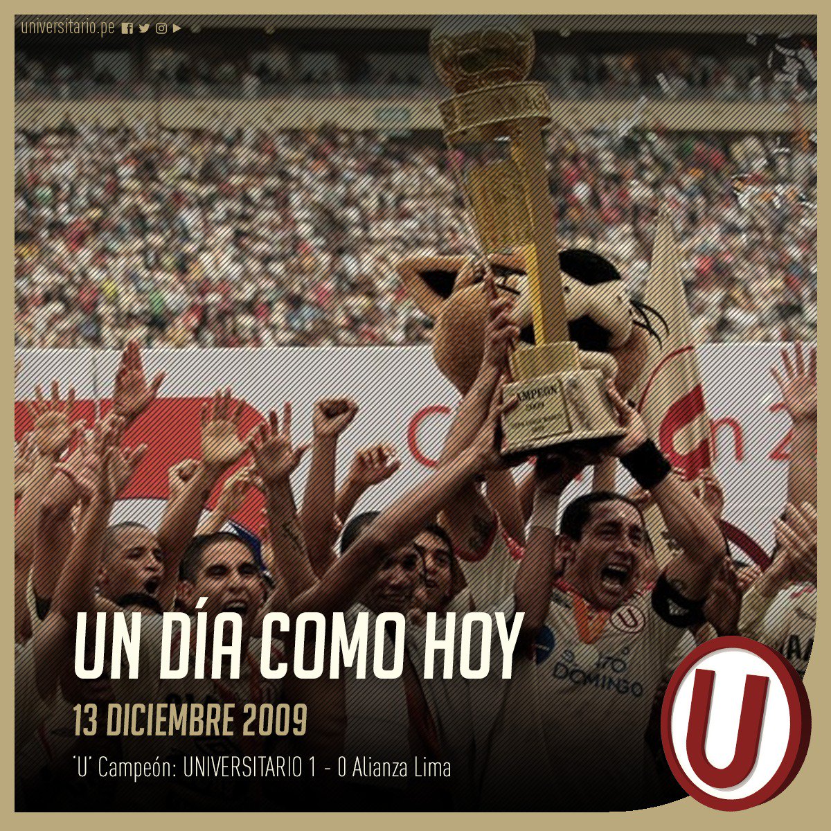 #EFEMÉRIDES | Un día como hoy en el 2009, @Universitario derrota 1 - 0 a @ClubALoficial en el segundo playoff del torneo y se consagra Campeón Nacional en el Estadio @MonumentalU_. Con gol de Nolberto Solano, el equipo crema obtiene la estrella 25 de su historia. #YdaleU 🏆