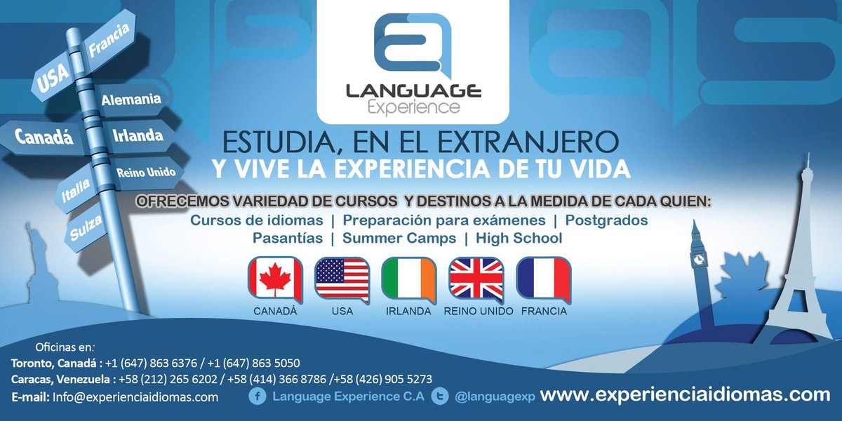 languagexp's tweet image. ¿Buscas un curso en: #Canadá, #USA, #Inglaterra, #Francia, #Alemania, entre otros? Visita: experienciaidiomas.com