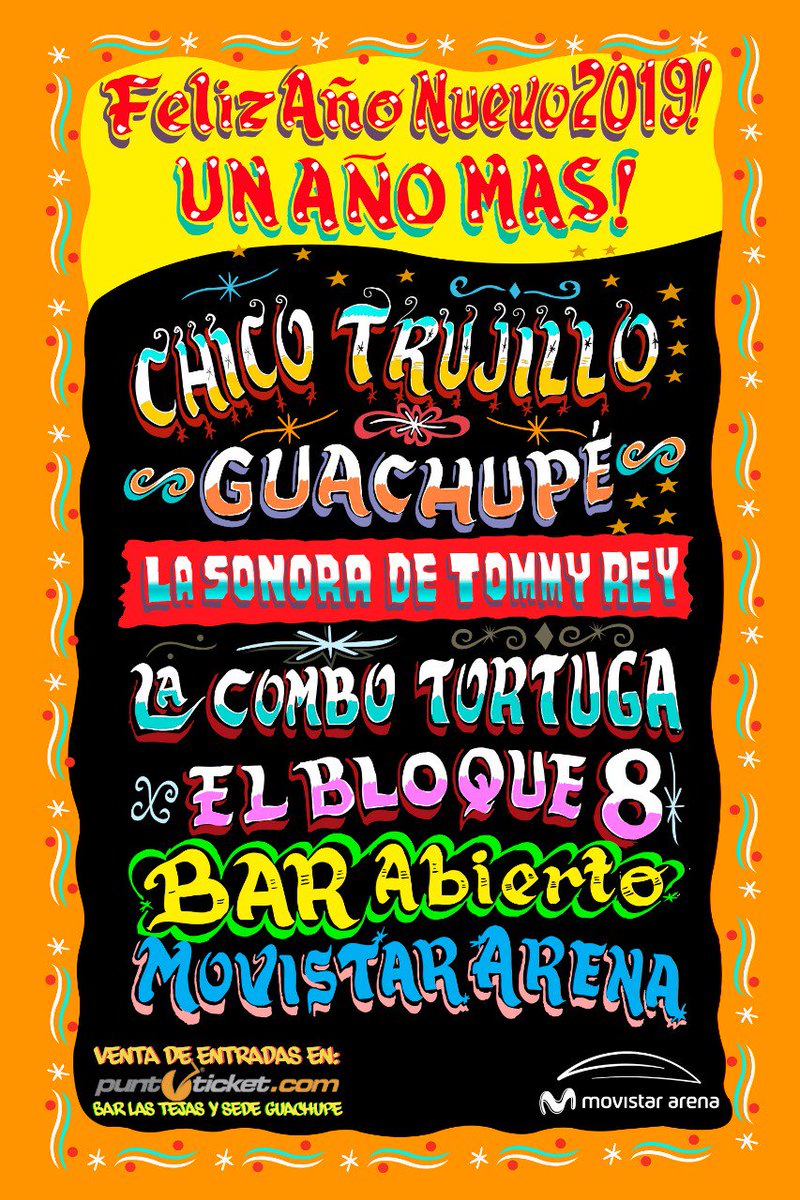Año Nuevo en @movistararena Arena, entradas online en <a href="/puntoticket/">Punto Ticket</a>, y sin cargo en bar las tejas, discomania y casa guachupe.