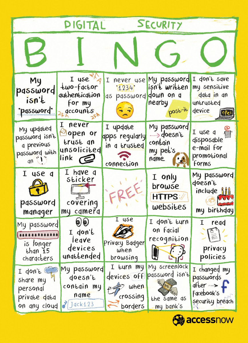 accessnow's tweet photo. How good are you at staying safe online? 

1.) Scratch off as many as you can, tally your score. Can you get 24?
2.) Share &amp; tag with #DigitalSecurityBingo https://t.co/cDzQZkU6pX