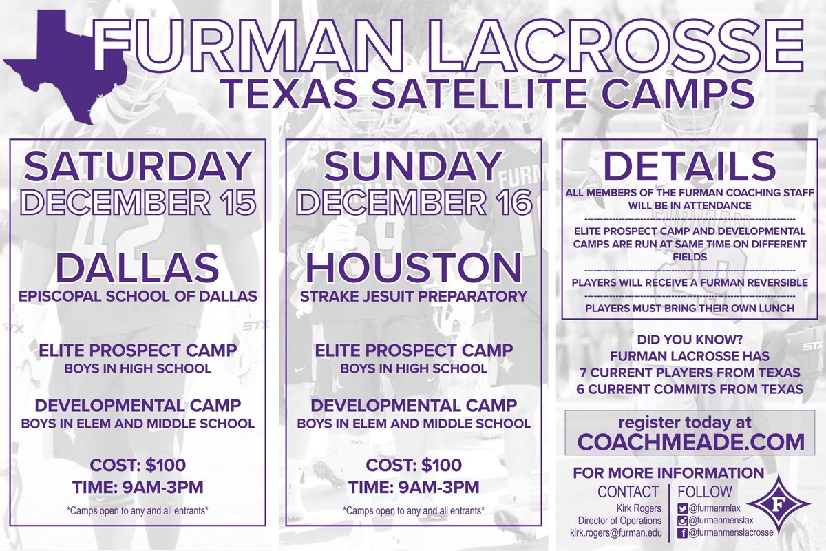 WoodlandsJHLax's tweet image. @FURMANMLAX in Houston Sunday! 4 former @WoodlandsJHLax players on the Spring 2019 team roster. Youth development camp 9am-3pm. Register here: coachmeade.com #GetCoachedUp