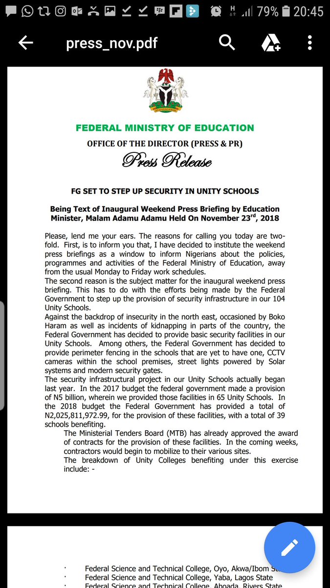 This is another briefing on the award of contracts for the installation of cctvs in Unity schools..Let me also tell you that primary and secondary education is under the control of the state so your questions should be directed more at the Governors.