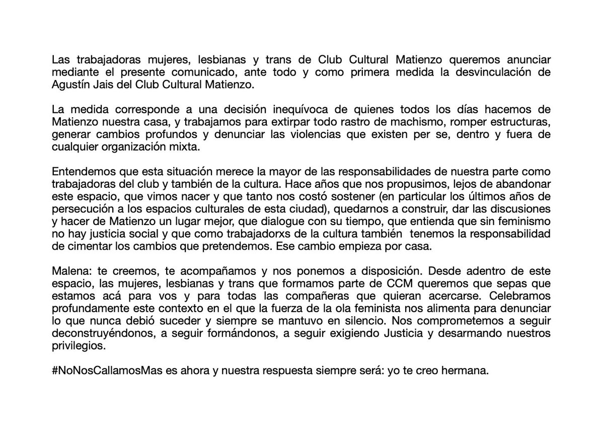 Ante la denuncia de público conocimiento:
Malena te creemos, te acompañamos y nos ponemos a disposición.
Trabajadoras mujeres, lesbianas y trans de Club Cultural Matienzo.
#NoNosCallamosMás