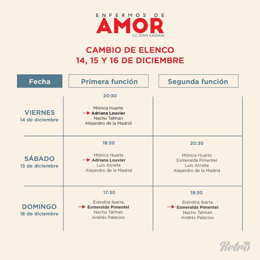 angy_cano's tweet photo. Cambio en rol de elencos en #EnfermosDeAmor en funciones de este fin de semana. (Cambio en actrices) ATENCION fans de @adrianalouvier_   y    @ESMEPIMENTEL 
#Palacianas @andrespalacios1 tiene 2 funciones el domingo  😉  Los vemos en @LaTeatreria🤗 https://t.co/FH2ziXIsm9