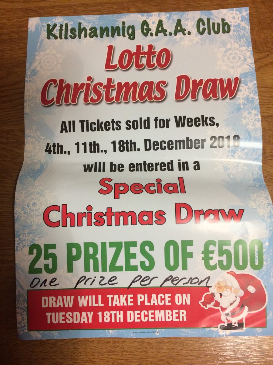 Kilshannig GAA Special Christmas Draw.
As well as the jackpot of €12,700 and 5 lucky dips there will be 25 prizes of €500 drawn from Lotto tickets purchased in December. One prize per person. Draw to be held at Molly's bar in Bweeng next Tuesday night. See you all there.