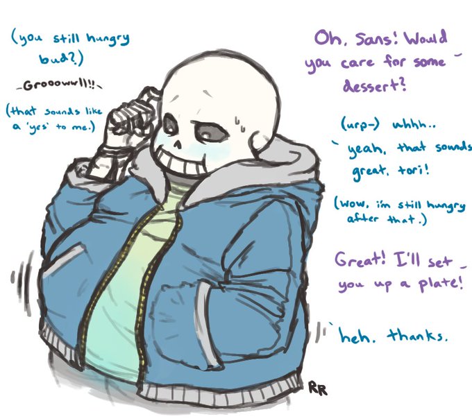 Sans using his jacket pockets to subtly rub his tummy is very cute to me &a...