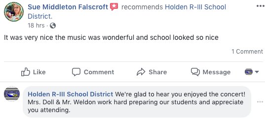 It makes our day when we hear positive feedback from our families! Thanks for taking the time Sue! #holdeneagles #holdenband #holdenchoir
<a href="/holden_band/">Holden Bands</a>
<a href="/Activities_HHS/">Holden Activities</a> 
<a href="/Holden_Eagles/">Holden Eagles</a> 
<a href="/HMS_Activities/">Holden Middle School Athletics and Activities</a>