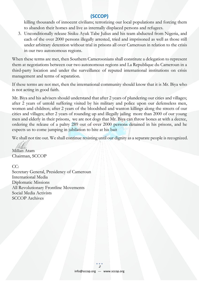 sccopinfo's tweet photo. OFFICIAL #SCCOP RESPONSE TO MR. BIYA’s 13th December Decree:#ForImmediateRelease: @_AfricanUnion @AlJazeera @DiplomacySccop @ambaperspective @BBCBreaking @FRANCE24 @dwnews @USUN https://t.co/b2IxrlGSsQ