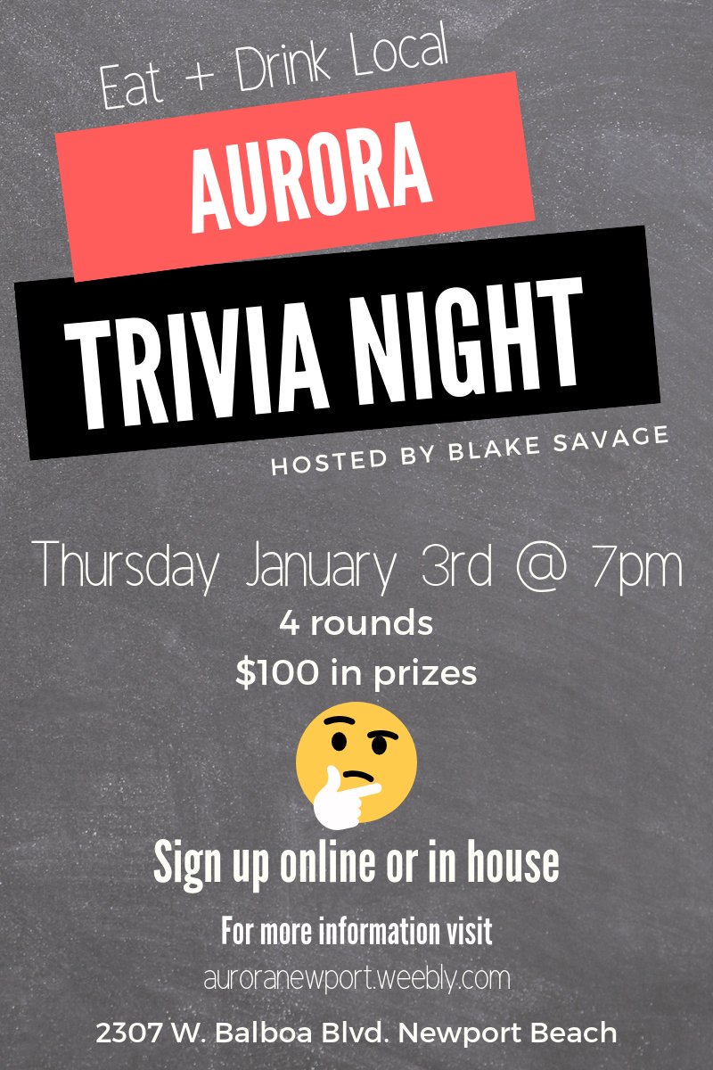 NewportAurora's tweet photo. Two events coming up, Trivia Night on Thursday Jan. 3rd, and the Salsa Contest Saturday Jan. 3rd. Sign up online or in person to participate in both events. Visit https://t.co/xWp2nlSXXn for more info.

#TriviaNight #SalsaContest #OCevents #OC #Newport #Aurora #EatDrinkLocal https://t.co/eeuBxLghao