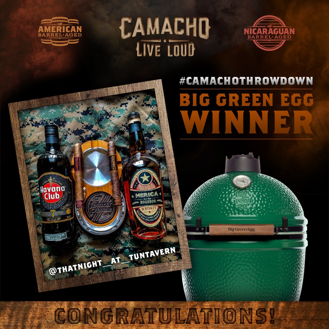 A BIG congrats to @thatnight_at_tuntavern for winning the #BigGreenEgg during our #CamachoThrowdown contest!  Check your IG DM for details on how to claim. #LiveLoud
.
.
.
#Cigar #Cigars #Camacho #Botl #Sotl #NicaraguanBarrelAged #AmericanBarrelAged #Winning
