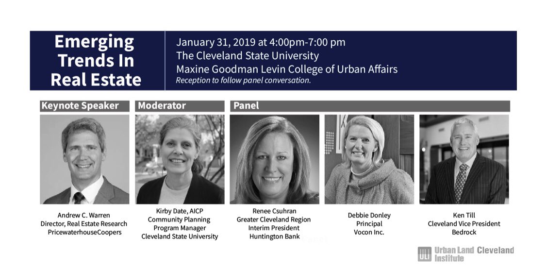 Join us on Thursday, 1/31 from 4:00-7:00pm at @clevelandstate to discuss 2019 Real Estate Trends in Northeast Ohio. Keynote speaker, Andrew C. Warren, will be accompanied by a regional panel of real estate professionals. Learn more online here at cleveland.uli.org.