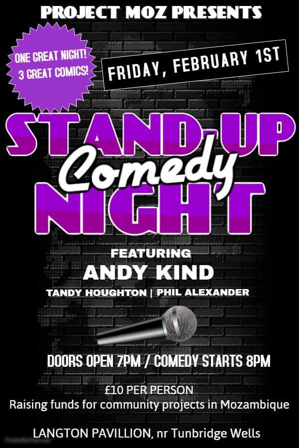 ProjectMoz's tweet image. We are excited to announce our first stand up comedy night on the 01.02.19.

Shake off the post-Christmas blues with a night of mirth featuring 3 excellent acts, headlined by award winning comic @andykindcomedy

To secure your £10 ticket simply email projectmoz@hotmail.co.uk
🇲🇿