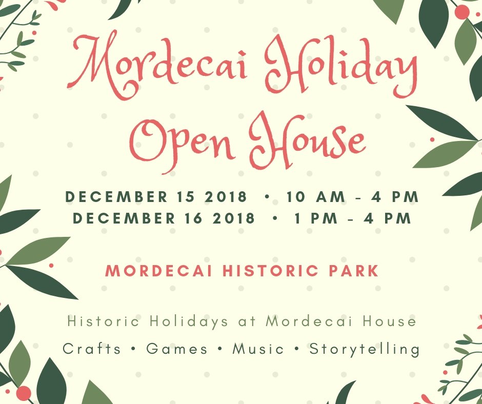 RaleighHistory's tweet photo. Visit Mordecai Historic Park’s Holiday Open House for a historic holiday celebration! Decorations span the Colonial Era through WWII. We’ll also have holiday crafts, games, story time, singing, &amp; free cider &amp; cookies! Free event! #MordecaiHolidays  https://t.co/HbiOTleWUG https://t.co/lskfYh90p1