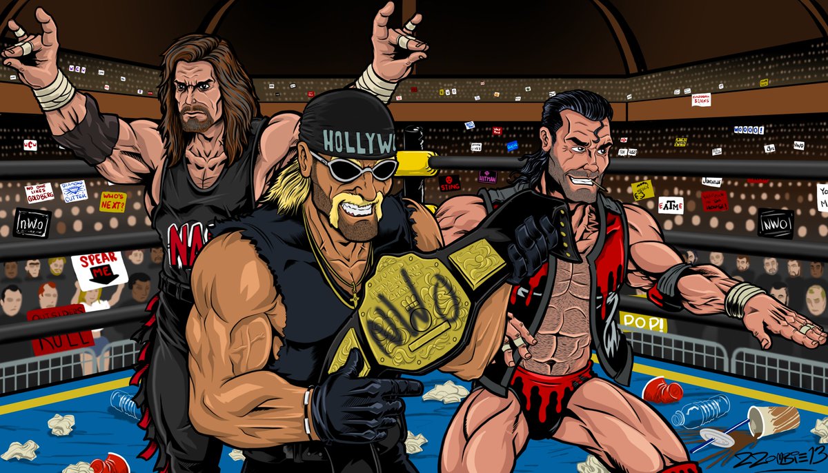 ZZoMBiE13's tweet photo. Reliving the #MondayNightWars courtesy of the @WWE Network.
It also inspired me to make some fan art of the #Outsiders (@RealKevinNash &amp; @SCOTTHALLNWO) as well as "The 3rd Man" himself, @HulkHogan 
I'm not the best at drawing likenesses, but these are like the Superhero versions. https://t.co/P6KGEZfKbL