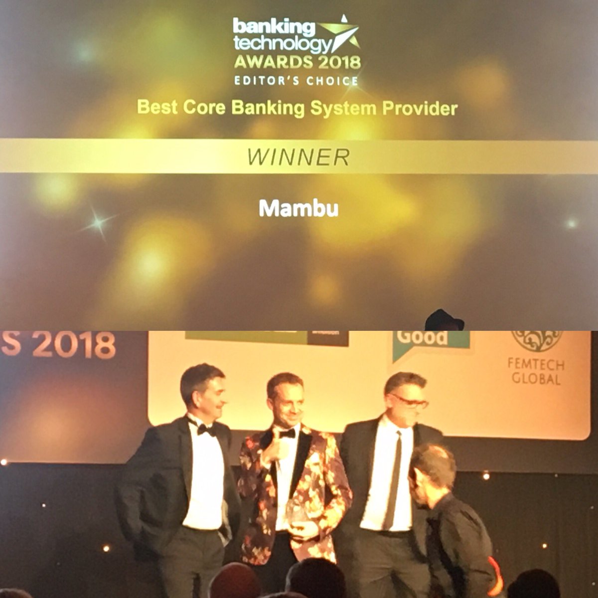 Well done to <a href="/Mambu_com/">Mambu</a> for winning Best Core Banking system at <a href="/BankingTechno/">FinTech Futures</a> Awards 2018! @F3FinCloud proud to partner with you 👍