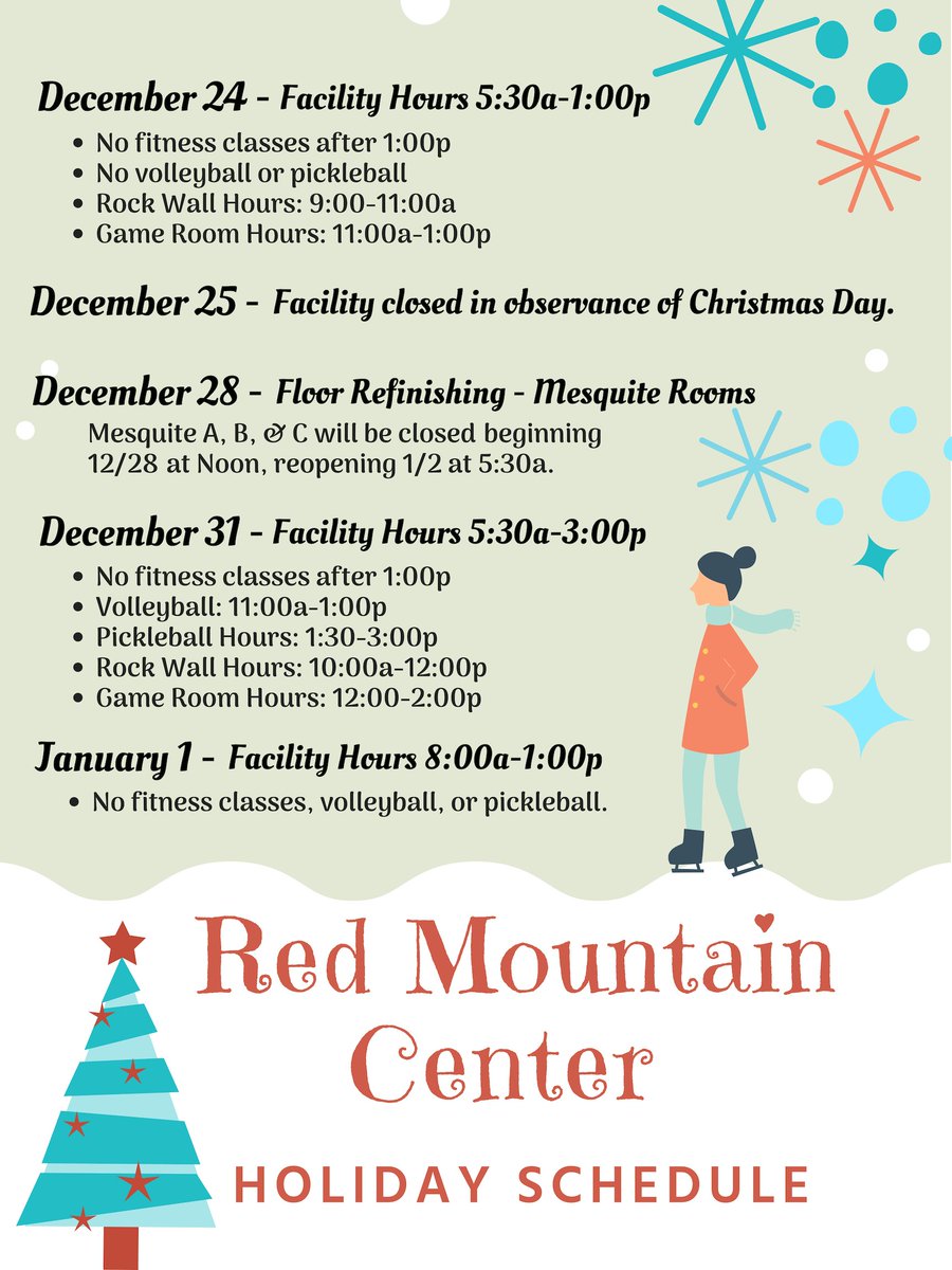 RedMtnCenter's tweet photo. Don't be left out in the cold! ❄️☃️ Check out our holiday schedule and stay in the know! #HappyHolidays https://t.co/yAdKGBiAPW