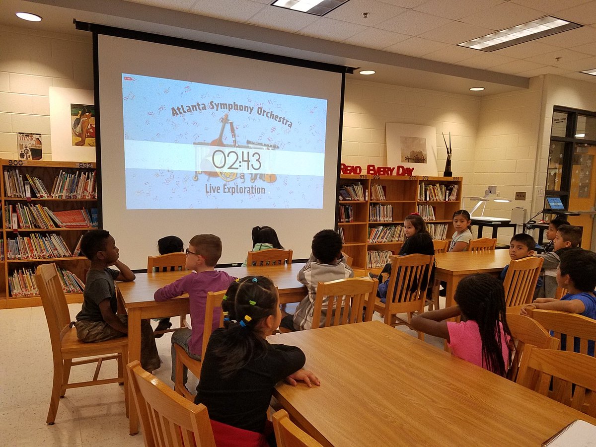 franklymusic's tweet photo. Hasty 2nd graders learning about the orchestra with Atlanta Symphony Orchestra Exploration Live. Students excited when received on air shout out & answer to their question "How do you get to be a member of the Atlanta Symphony?"#SymphonyLive @CCSD @Hasty_Huskies @HastyMediaCtr https://t.co/nn95ghby5e