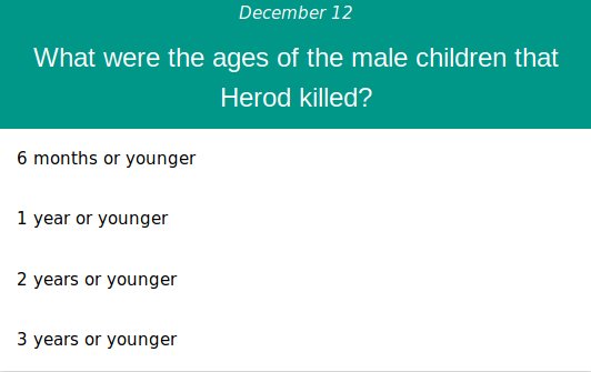 monicasilva0321's tweet image. Some of the quiz questions in this Advent calendar are quite sobering.
#Matthew2