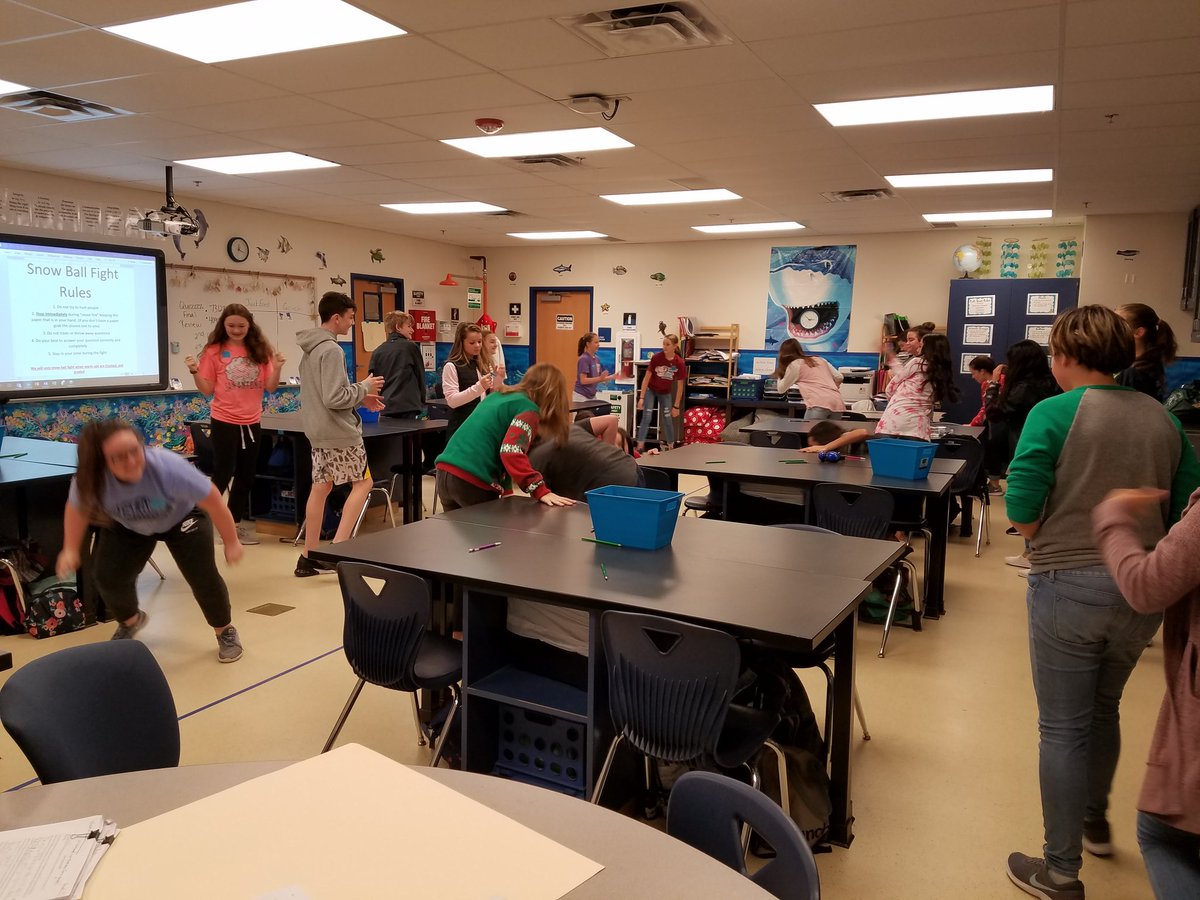 misterboedy's tweet photo. "Snowball Fight" test review in Holloman's science class. Each "snowball" contained a review question for students to answer when the whistle blew. When having fun and learning mix...everyone wins! I guess this is how they have snowball fights in TX. #sulsprisd #sulsprms https://t.co/0gGhHOZJmH