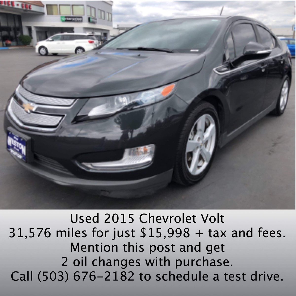 Used 2015 #Chevrolet #Volt
31,576 miles. $15,998 + tax and fees.
Mention this post to get 2 free oil changes with purchase.
#WestonKIA
22309 SE Stark St
#Gresham #Oregon
(503) 676-2182
#Chevy #ChevyVolt  
#EveryoneWinsAtWeston #PDX
#Portland #Vancouver #PNW