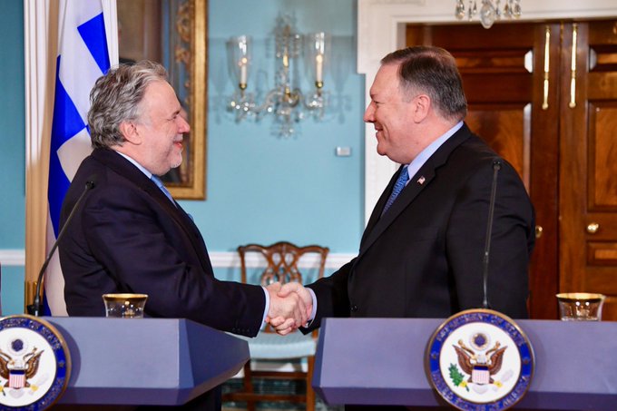 Secretary Pompeo Shakes Hands With Greek Acting Minister of Foreign Affairs Katrougalos