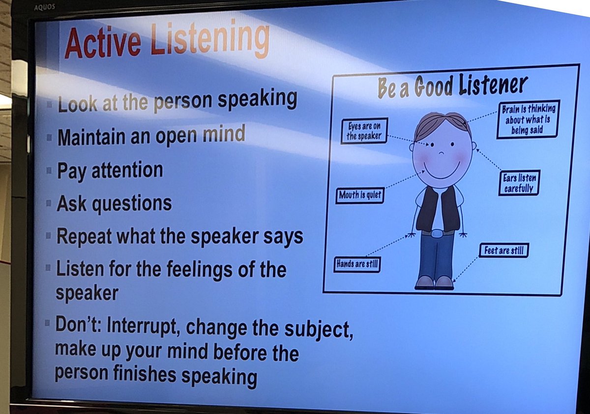 CArnoldMD's tweet image. 5/ the basics on active listening.  Listen more than you speak.  Keep an open mind. Maintain good eye contact, ask questions, avoid fidgeting/checking clock, email, phone. By Dr Parwani. #FASTPath