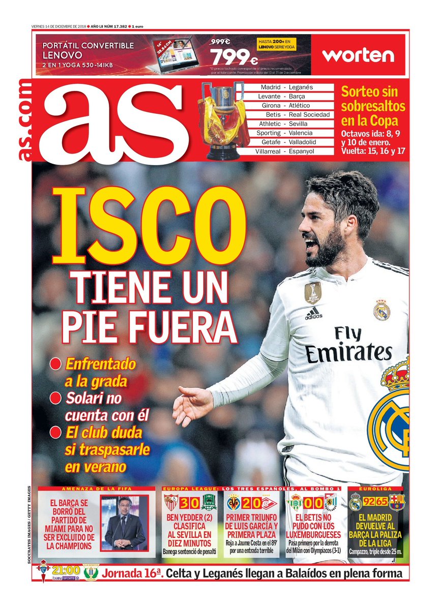 «Isco tiene un pie de fuera». Así titula el @diarioas su portada de hoy. @isco_alarcon se ha enfrentado a la grada, #Solari no cuenta con él y desde el @realmadrid ya empiezan a ver con buenos ojos una venta el próximo verano. #Isco #IscoPierdeSuMagia #RealMadrid #IscoLíoALaVista