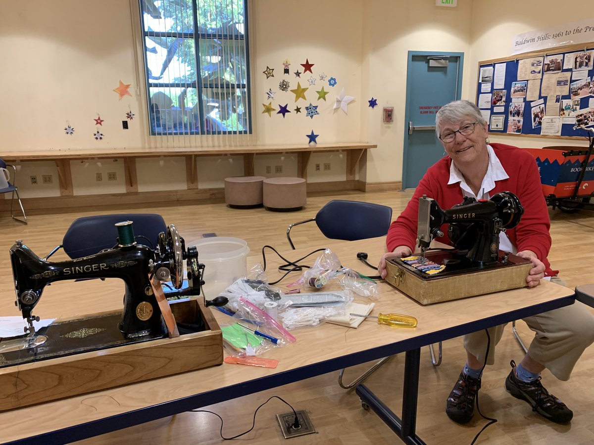 BaldwinHills's tweet photo. Thank you Kathleen for restoring & donating these 1949 & 1953 vintage hand crank & electric sewing machines to the #SewingRebellion program at the #BaldwinHillsLibrary! Join us today from 4:00-5:30p.m. for #Sewingatthelibrary! This event is FREE & drop-ins are welcome! #LAPLmakes https://t.co/Y6wB6xgjPv
