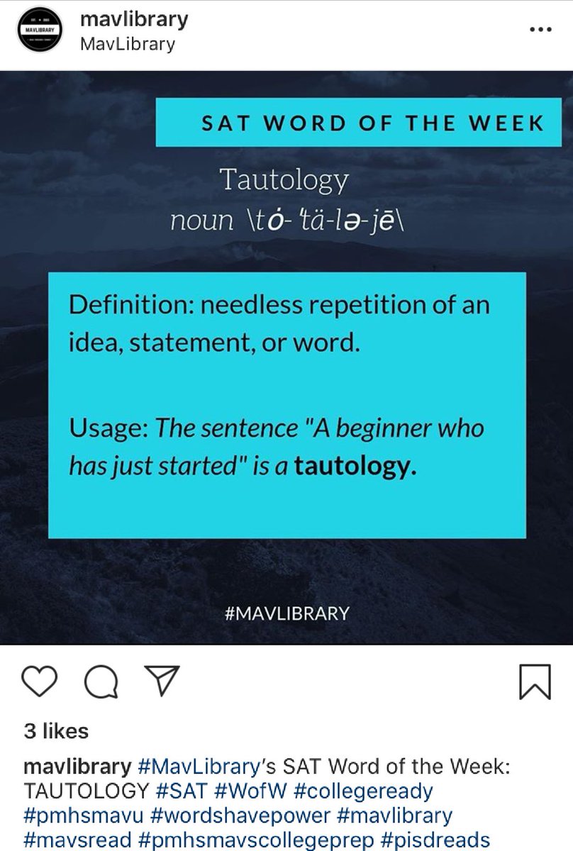 mavlibrary's tweet photo. Are you following us on @instagram yet!? #mavlibrary #satwordoftheweek #collegeready #wordshavepower #mavsREAD #pisdREADS https://t.co/BrIXMfYX4A