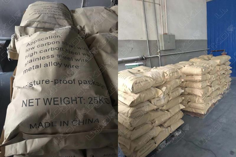 Dry type metal wire drawing lubricant powder, dry lubricants  for all wire-drawing applications used in steel wire plant.
The lubricant in beige color, contented lime, sodium soap, fat, paraffin.etc,  packed in moisture proof brown paper bag at 25KG per unit.