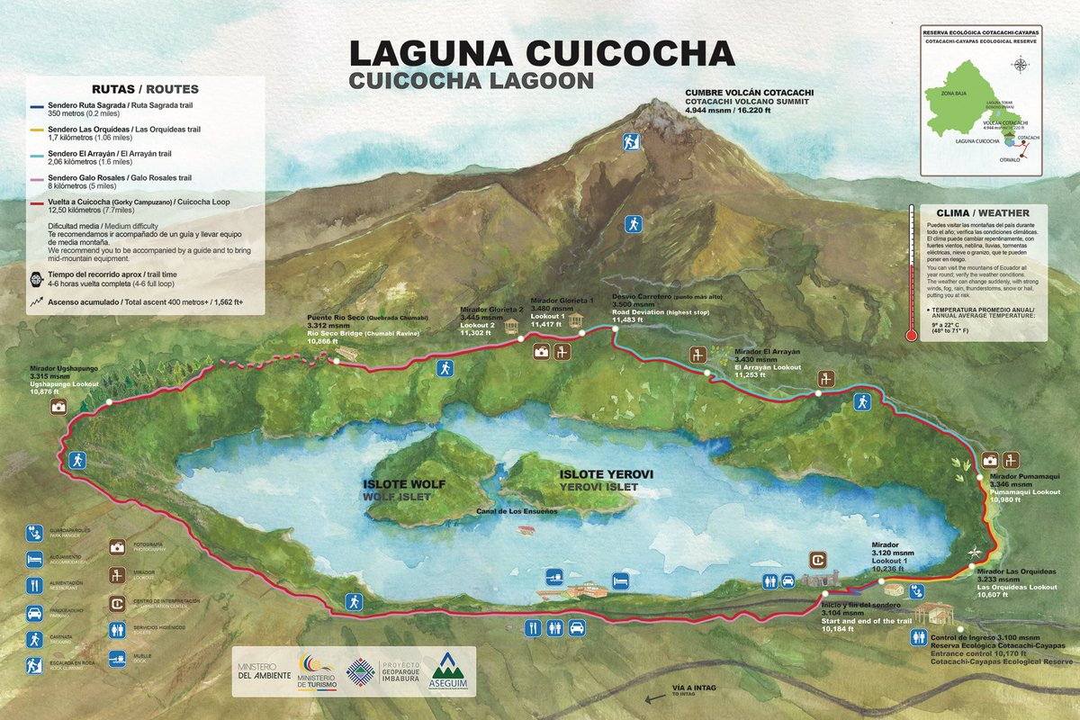 La laguna de Cuicocha se encuentra a ubicada a 14 km de Otavalo y a 12 km al suroccidente de Cotacachi, a una altitud de 3.068 msnm. En ella es posible realizar senderismo y escalada en roca, para lo cual te dejamos una guía para que tengas una gran experiencia.

#ViajaEcuador