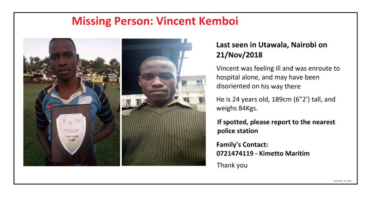 Vincent Kemboi has been missing since Nov 21, 2018.
Have you seen him?