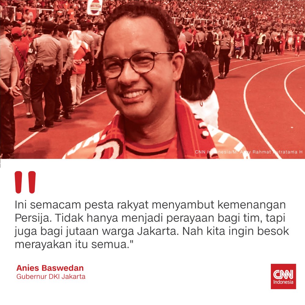.<a href="/Persija_Jkt/">Persija Jakarta</a> sudah memastikan diri menjadi juara Liga 1 2018. Para suporter dari 'Macan Kemayoran' pun bersiap merayakan gelar tersebut, yang menurut <a href="/aniesbaswedan/">Anies Rasyid Baswedan</a> akan dibuat seperti pesta rakyat. goo.gl/d6wFiS #CNNIndonesia