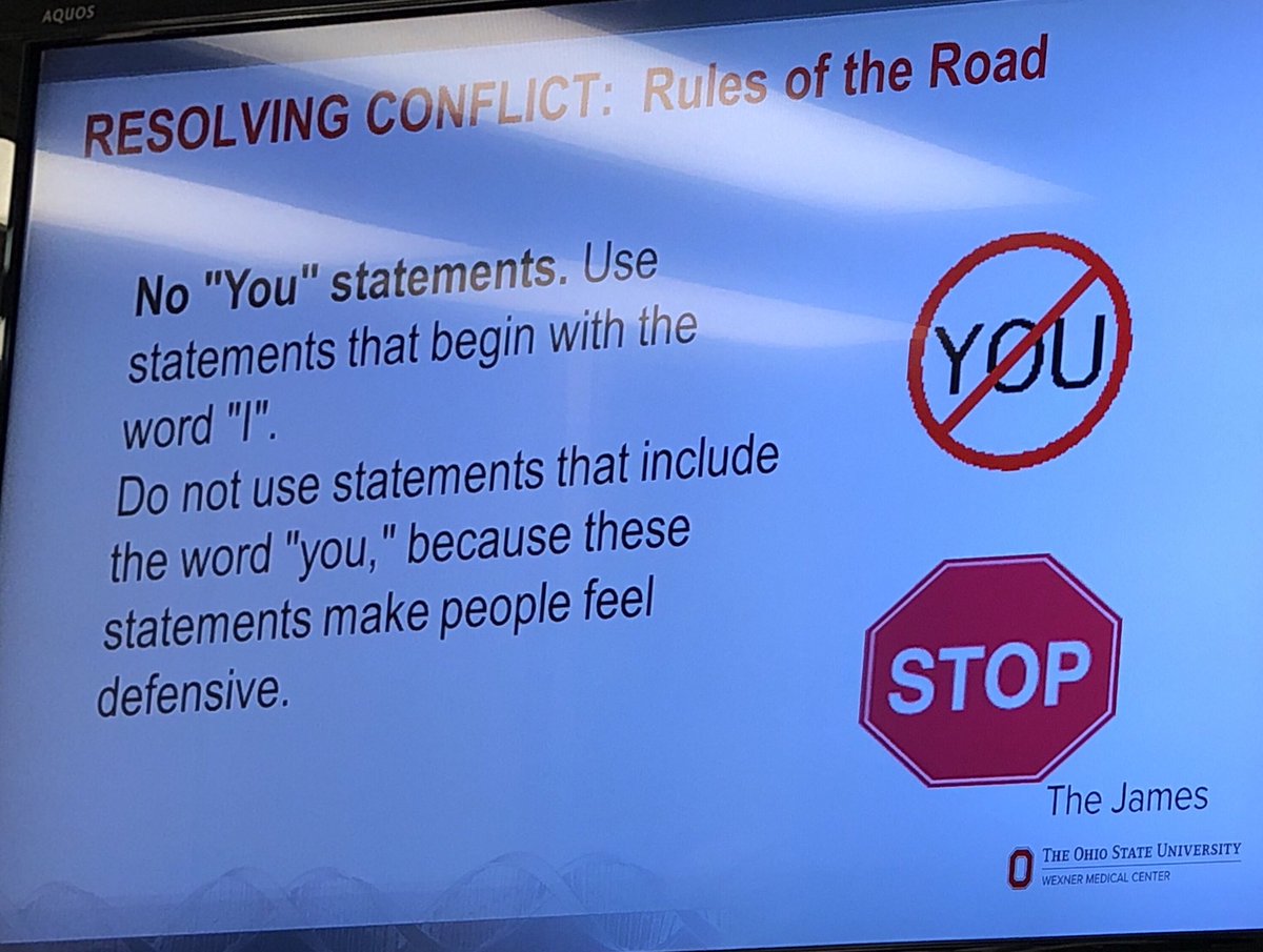 CArnoldMD's tweet image. 6/ this is my favorite tip! Avoid the word “you” because it makes the other person defensive. Try saying the exact same thing without the word “you” and substitute “I” instead. By Dr Parwani #FASTPath