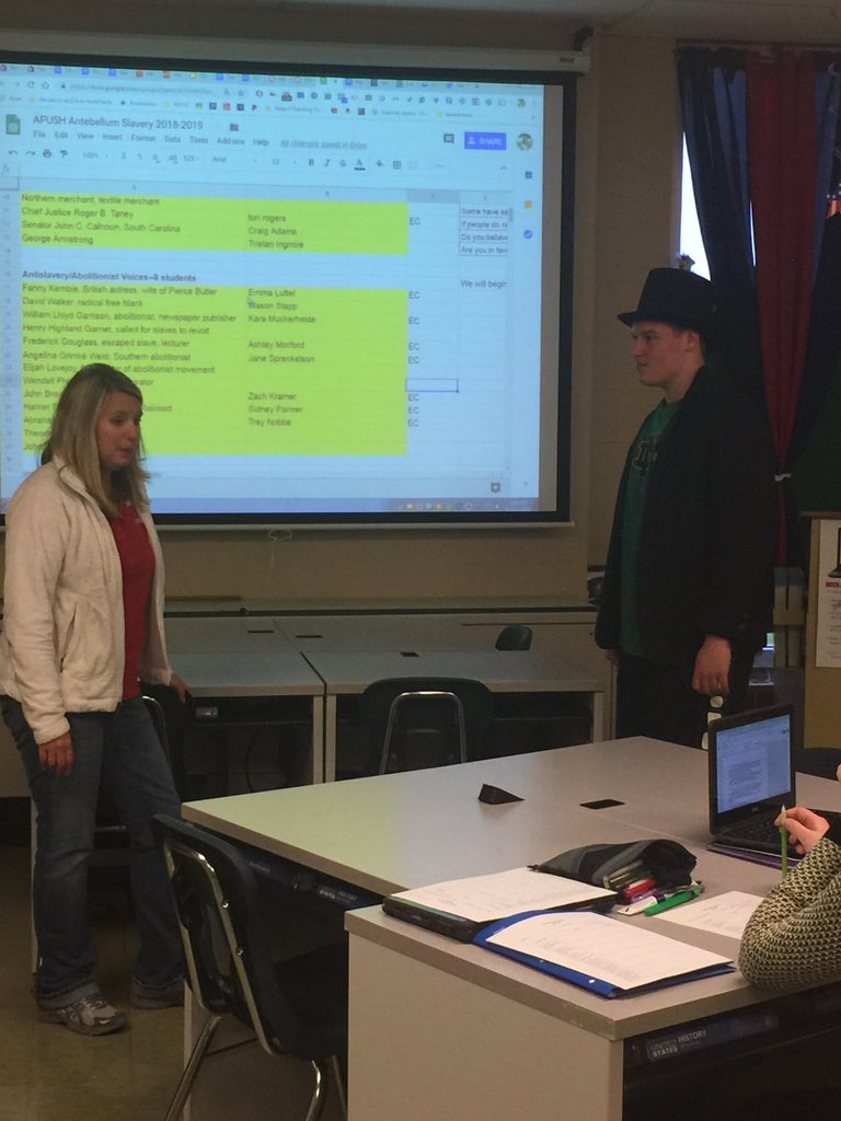 B_Litpics's tweet photo. I got step back into history to interview some interesting characters on their pro-slavery and Abolitionist views. #APUSH #roleplay #impressivestudents @NorthDecaturHS @DCCSSuper https://t.co/Bs8ZExEtKb
